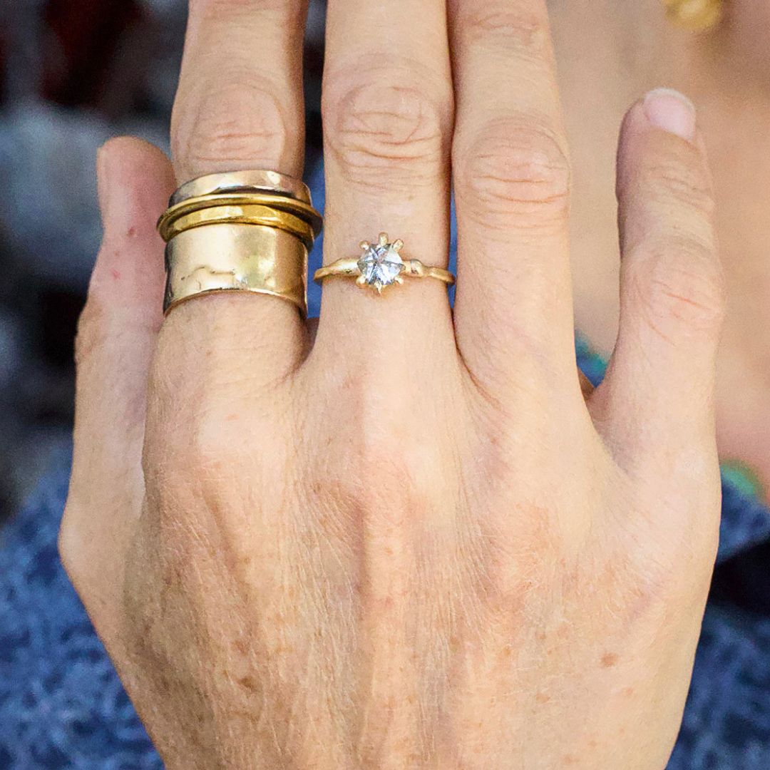 Salt and Pepper Star Shaped 1.15 ct Rose Cut Diamond on a 14k Yellow Gold Band