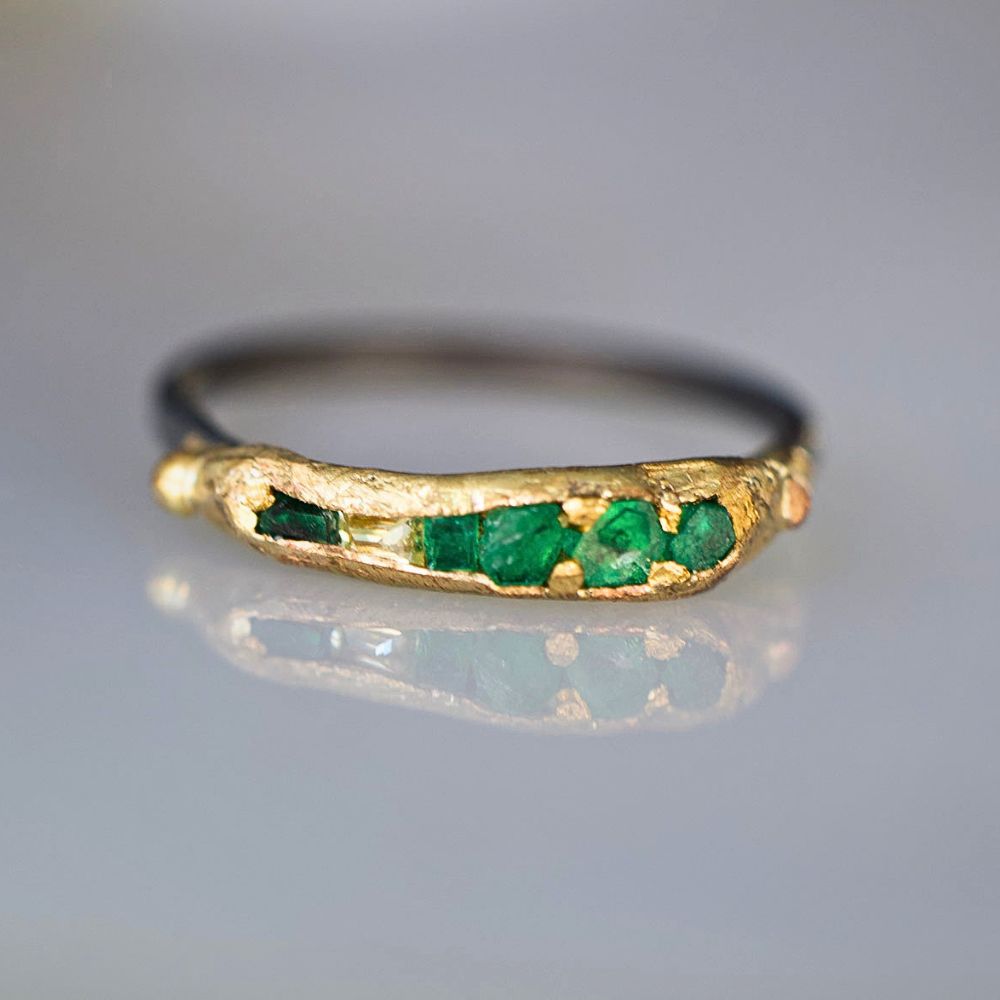 Afghan Emerald and Yellow Baguette Diamond  Band