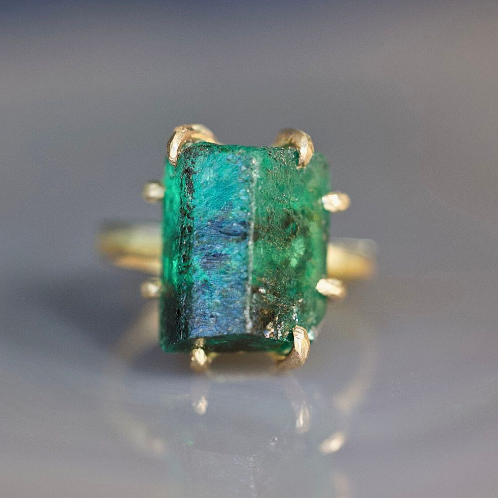 Zambian Emerald Large Stone Ring on a 2 MM Gold Skinny Seamed Band