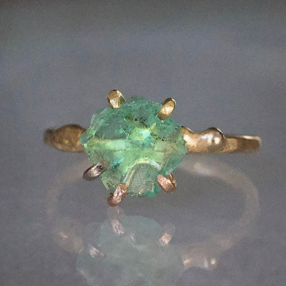 Zambian Emerald Small Stone Ring on a Yellow Gold Embedded Band