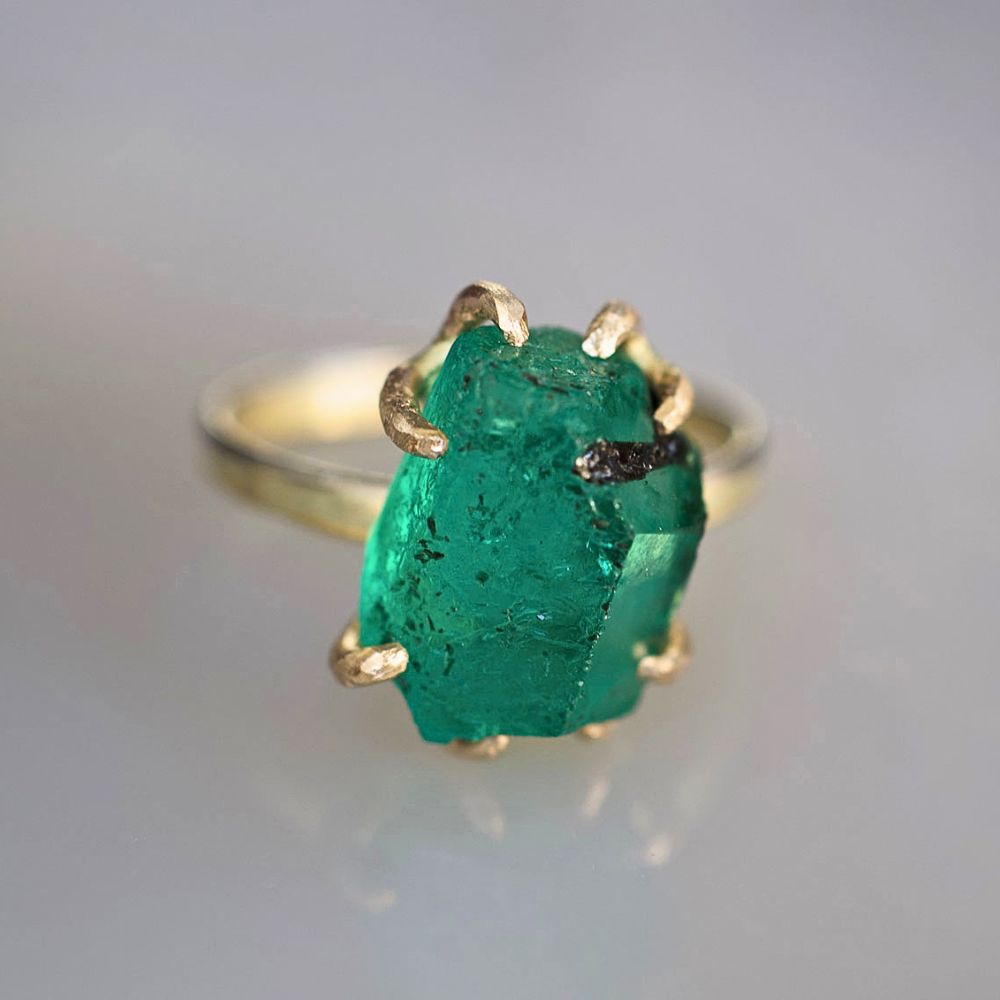 Zambian Emerald Large Stone Ring on a 2mm Gold Skinny Seamed Band