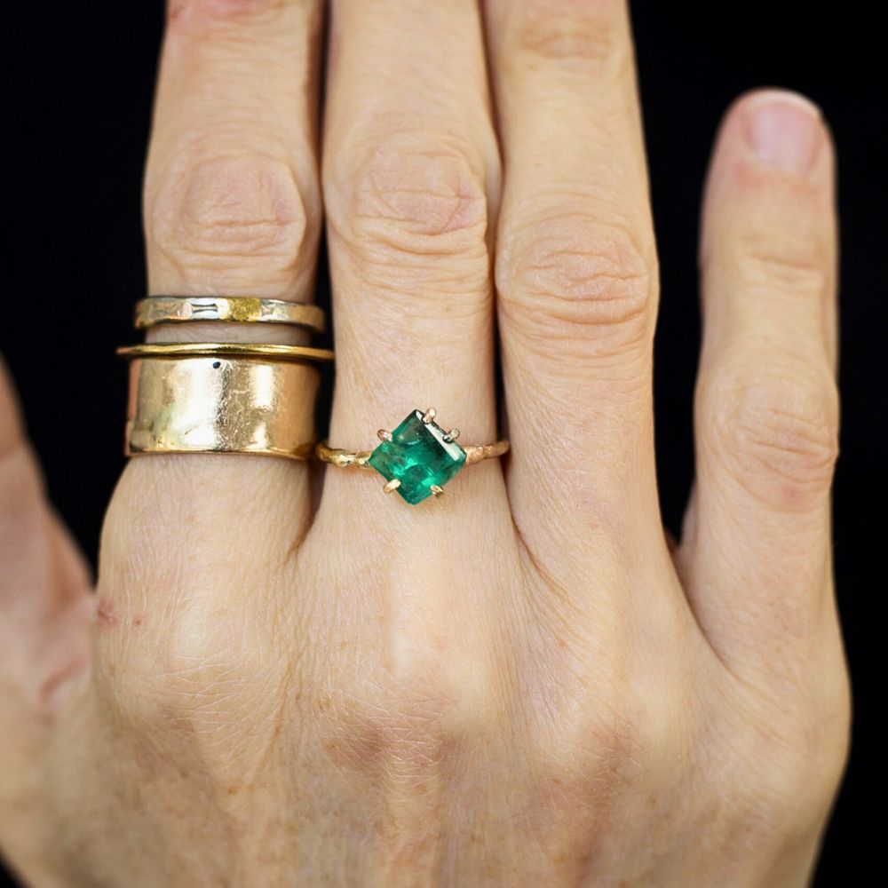 Zambian Emerald Small Stone Ring on a Yellow Gold Band