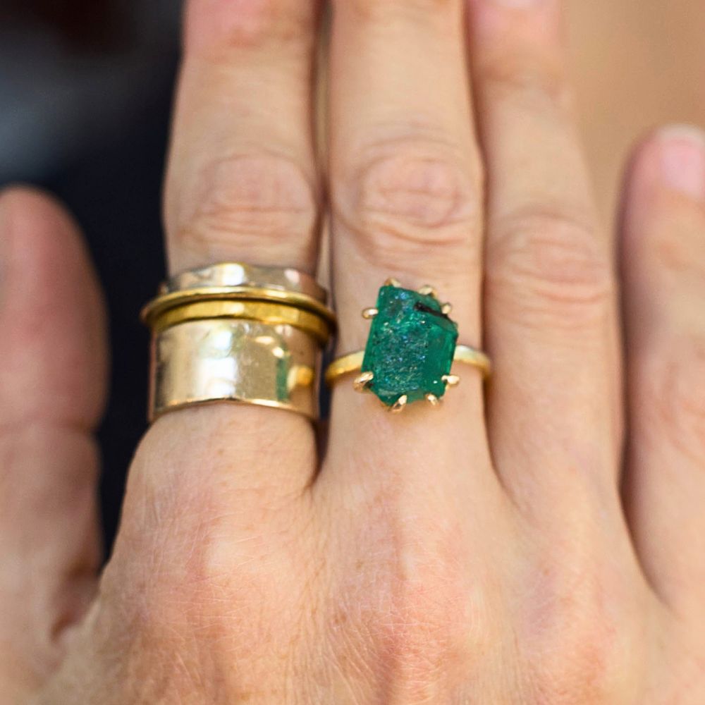 Zambian Emerald Large Stone Ring on a 2mm Gold Skinny Seamed Band