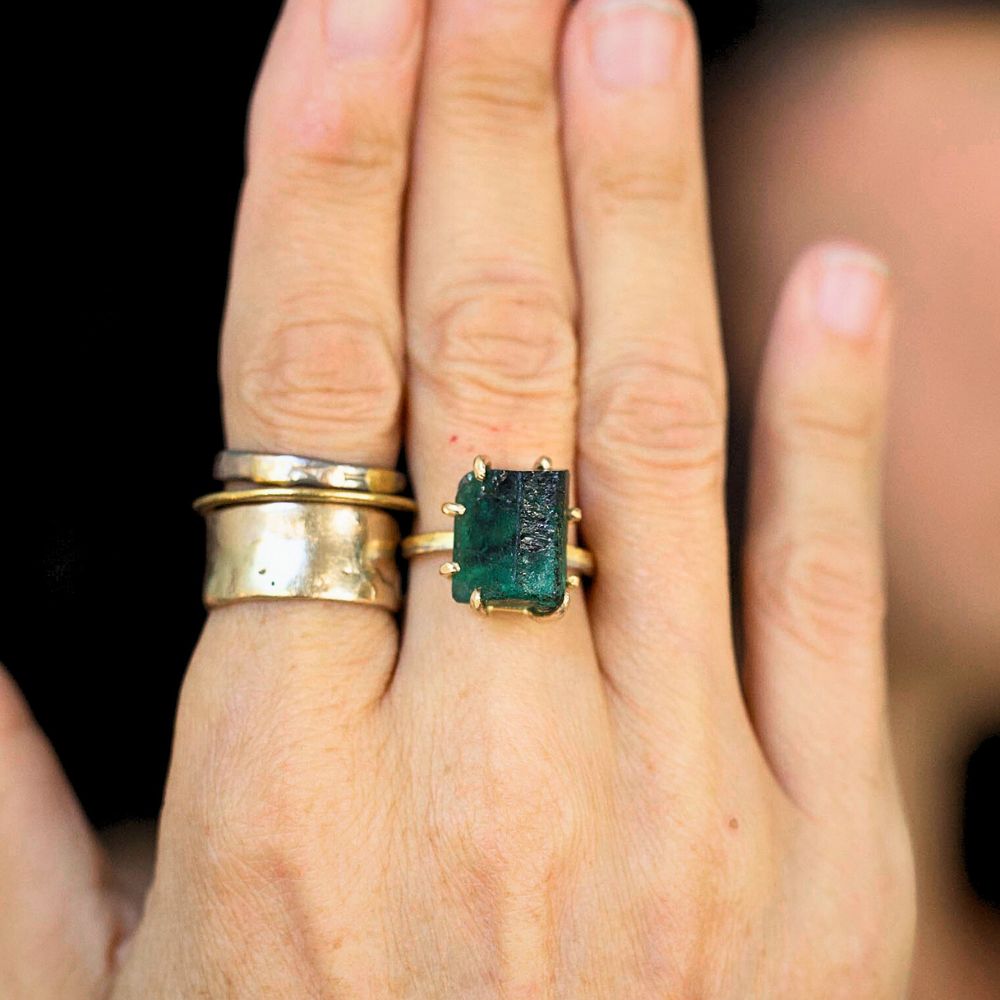 Zambian Emerald Large Stone Ring on a 2 MM Gold Skinny Seamed Band