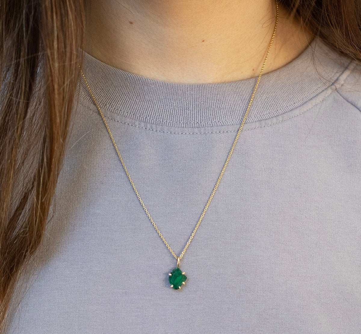 Brazilian Emerald Small Stone Pendant with a Yellow Gold Cable Chain