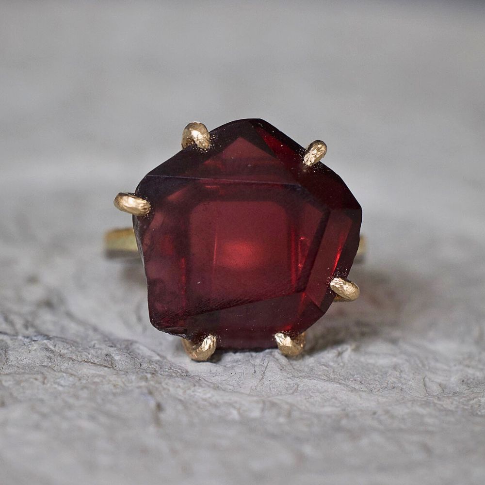 Garnet Large Stone Ring on our 2MM Gold Skinny Seamed Band