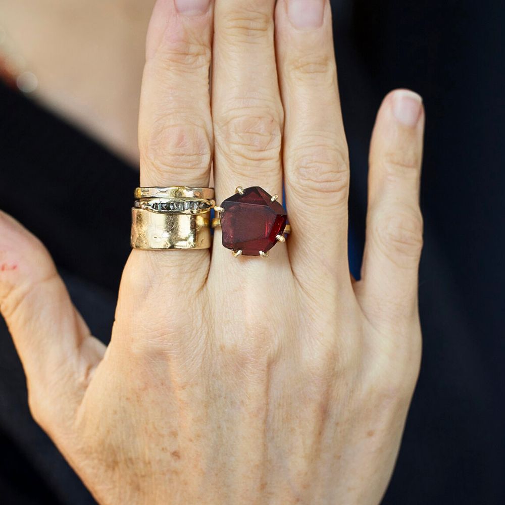 Garnet Large Stone Ring on our 2MM Gold Skinny Seamed Band