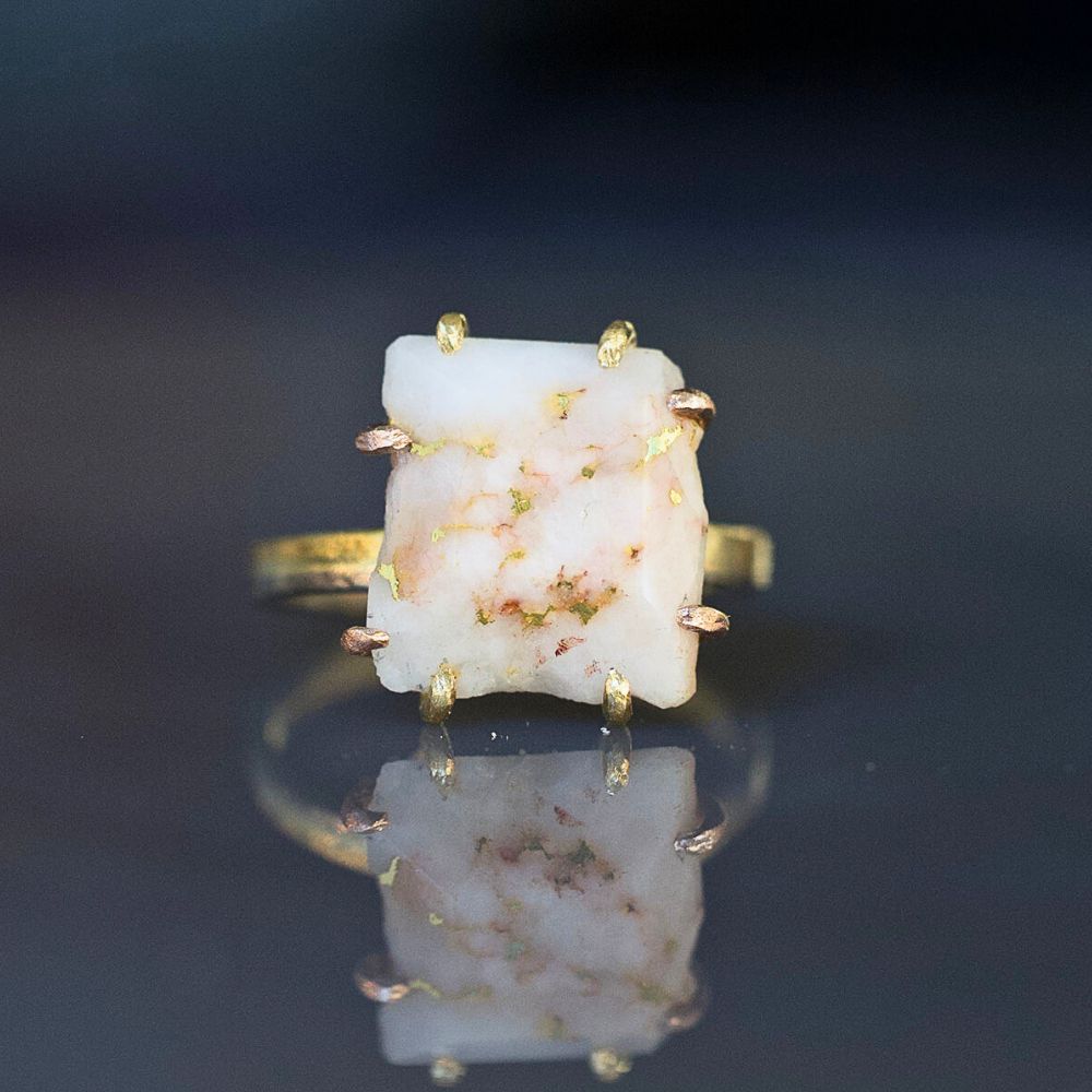 Gold Quartz Medium Stone Ring on our 2MM  Gold Skinny Seamed Band