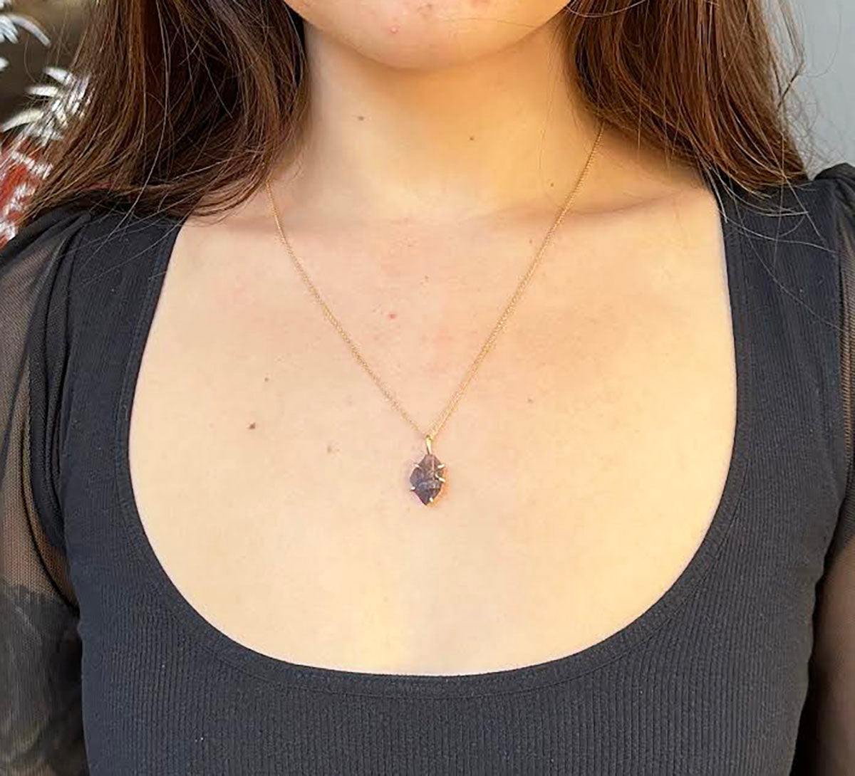 Iolite Small Stone Pendant with a Yellow Gold Cable Chain