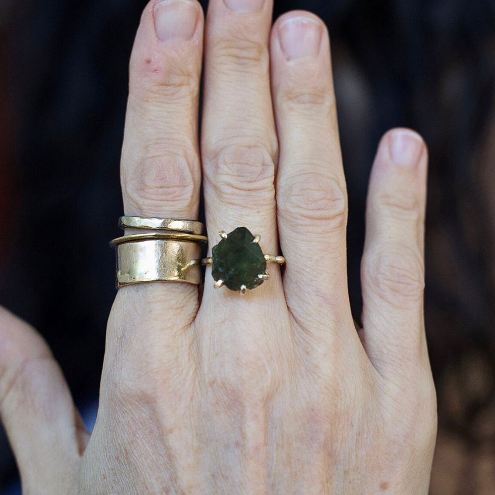 Moldavite Medium Stone Ring on a Palladium and Gold Band