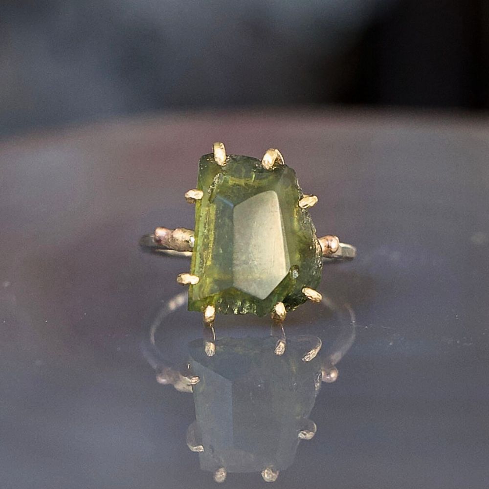 Moldavite Medium Stone Ring on a Palladium and Gold Band