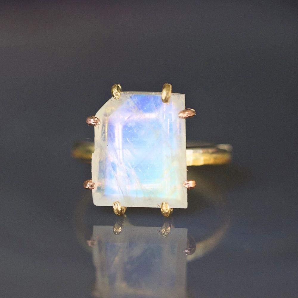 Rainbow Moonstone Medium Stone Ring on our 2MM Gold Skinny Seamed Band