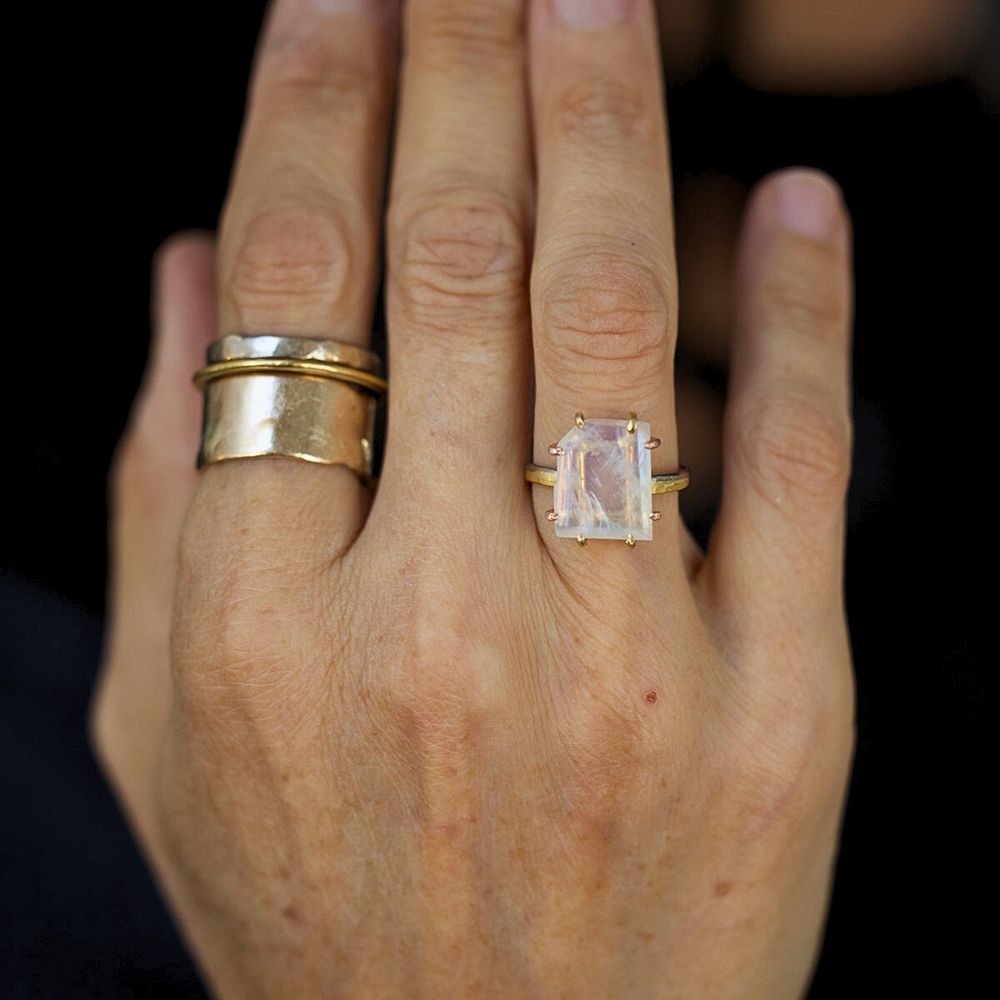 Rainbow Moonstone Medium Stone Ring on our 2MM Gold Skinny Seamed Band