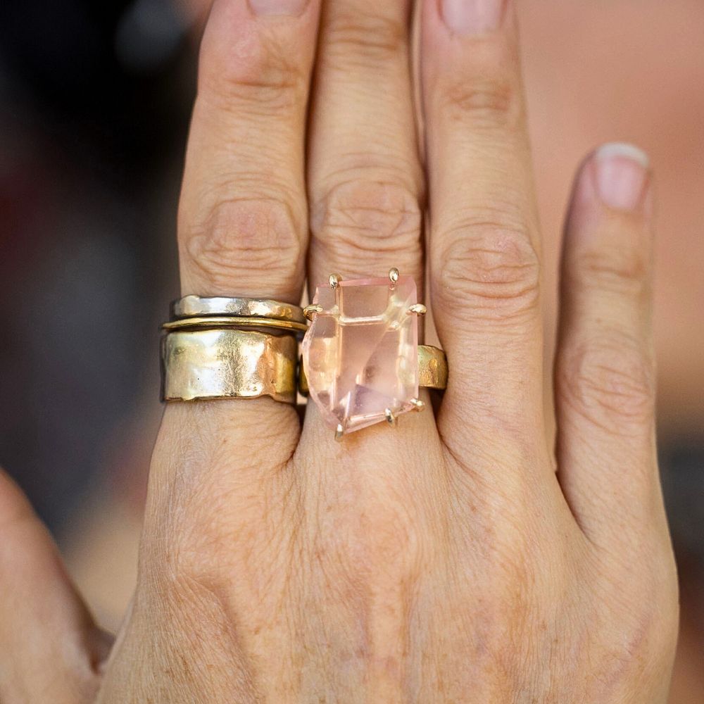 Morganite Large Stone Ring on a 6MM Gold Cigar Band