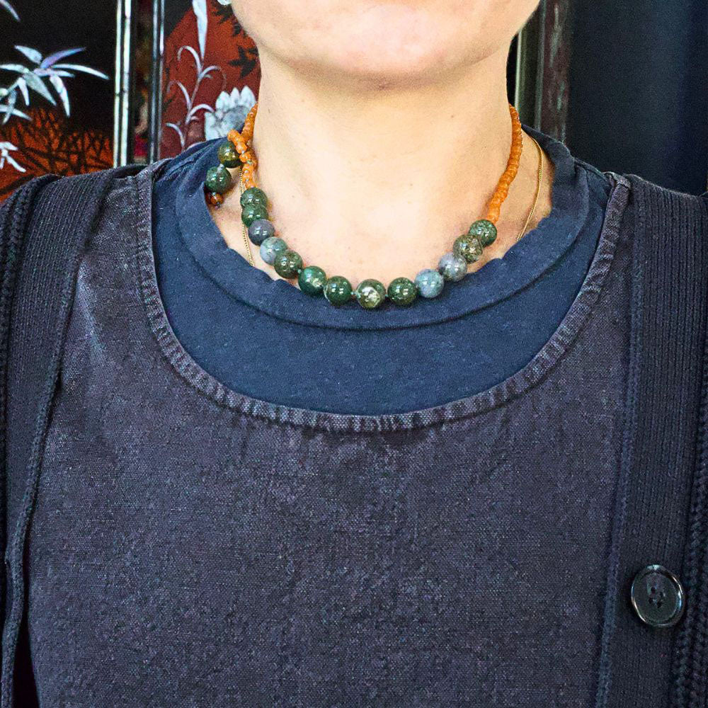 Moss Agate and Carnelian Lariat 17 Inches