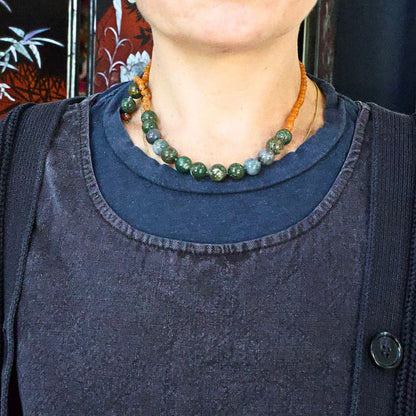 Moss Agate and Carnelian Lariat 17 Inches