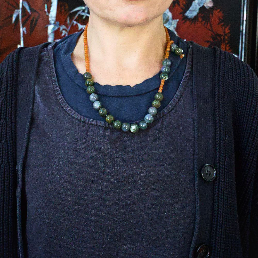 Moss Agate and Carnelian Lariat 21 Inches