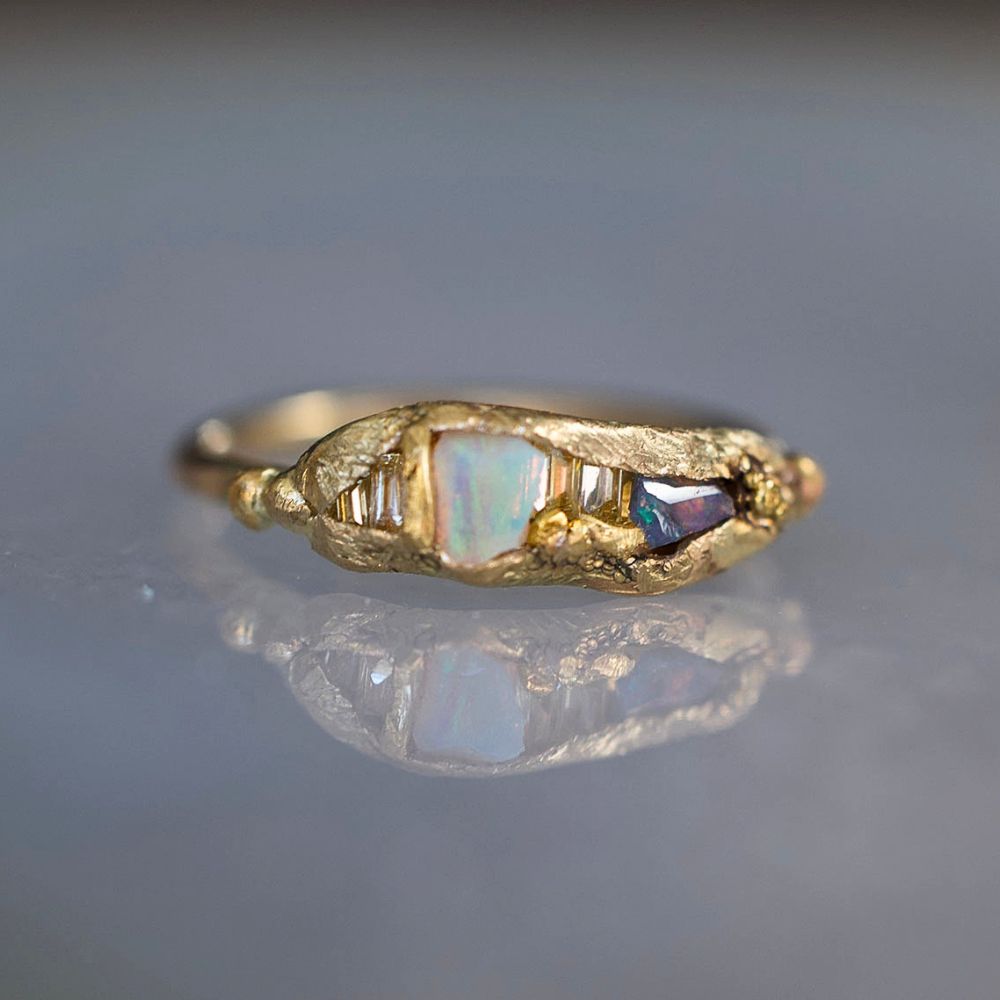 Australian Opal and Baguette Diamond Band with a Yellow Gold Band