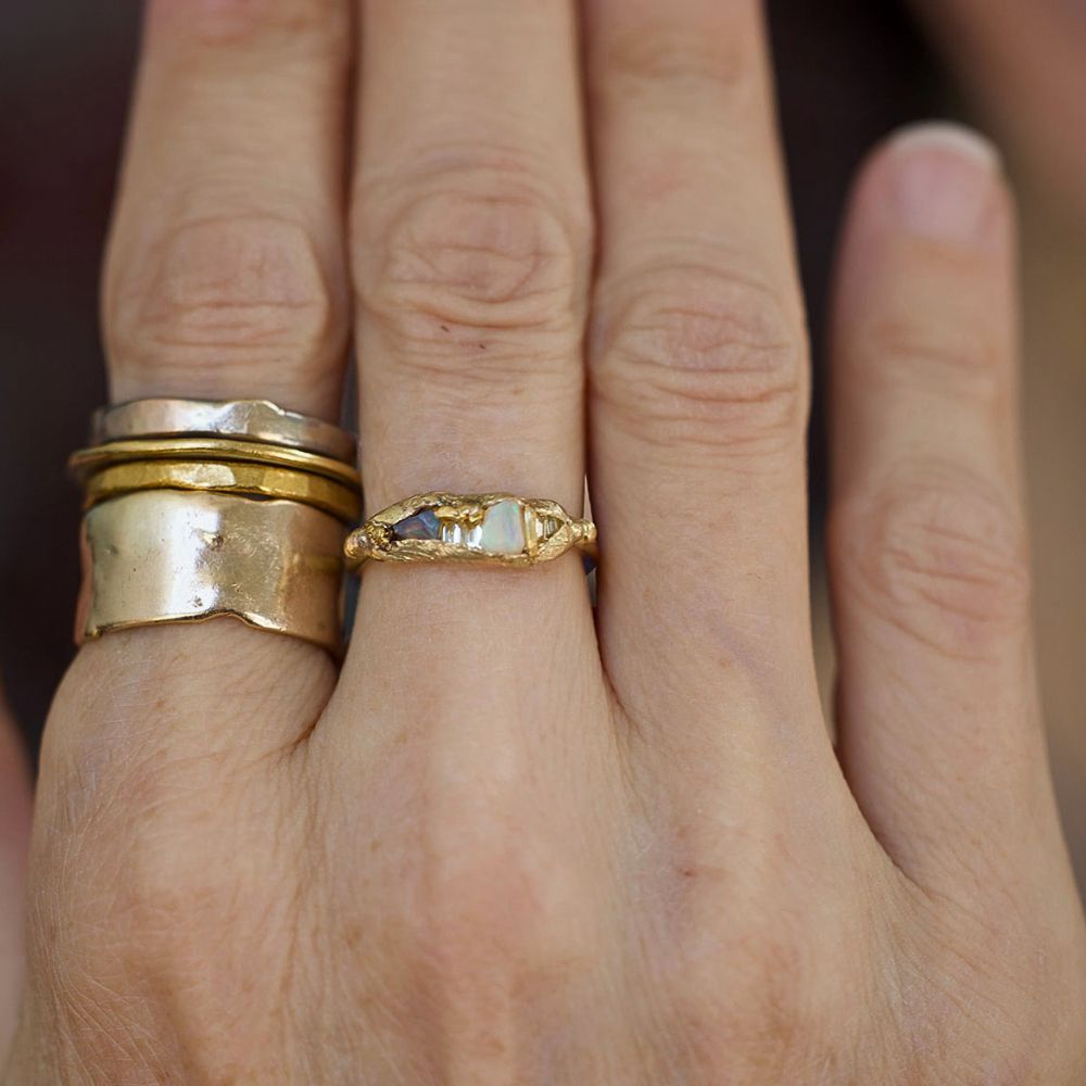 Australian Opal and Baguette Diamond Band with a Yellow Gold Band