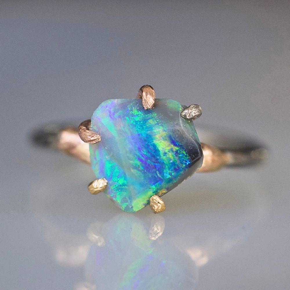 Australian Exceptional Opal Medium Stone Ring on a Palladium and Gold Embedded Band