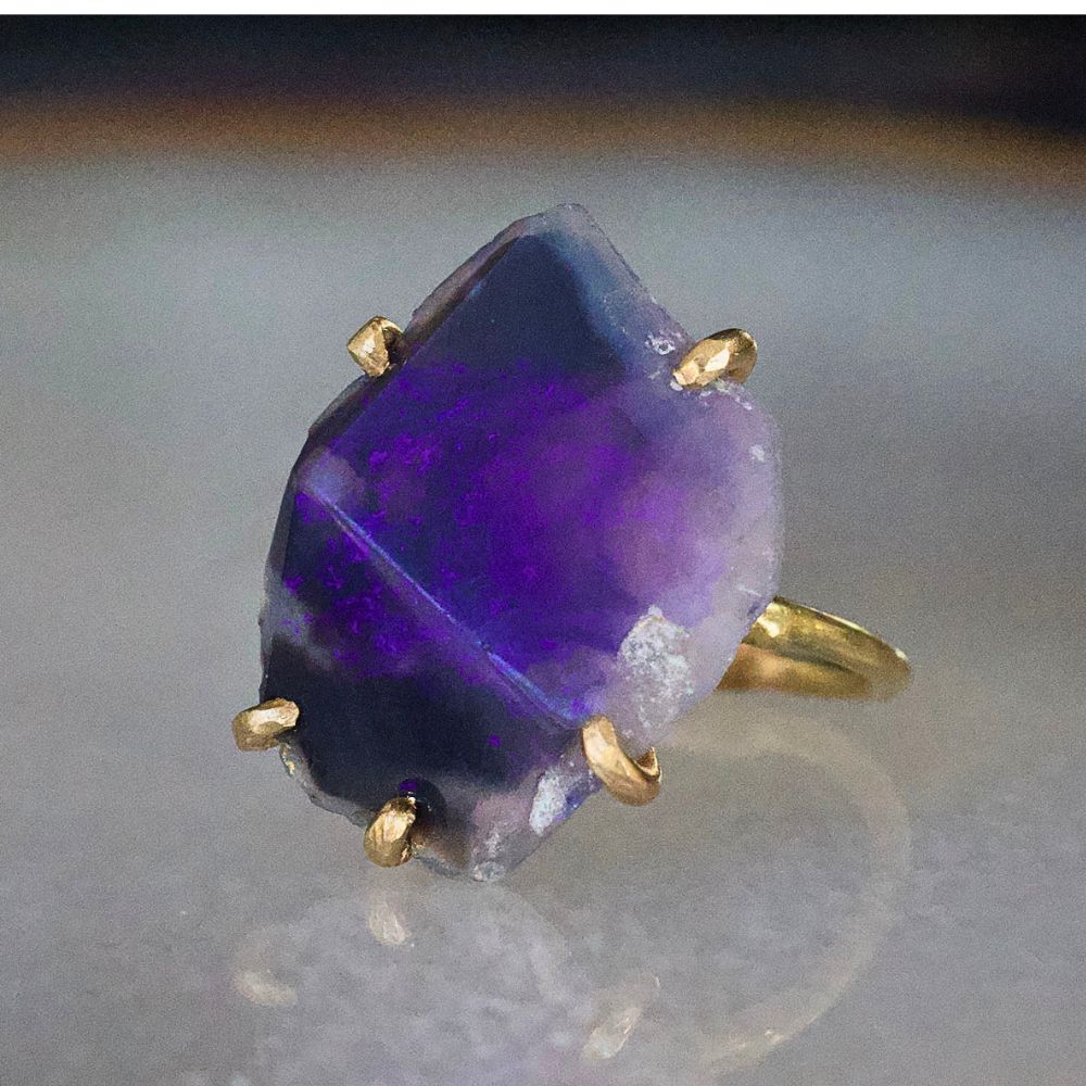 Australian Dark Purple Opal Large Stone Ring on a Yellow Gold Embedded Band