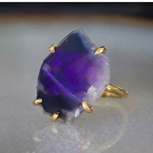 Australian Dark Purple Opal Large Stone Ring on a Yellow Gold Embedded Band