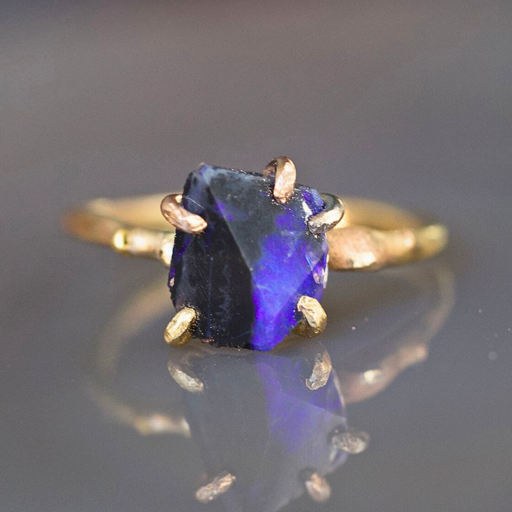 Australian Dark Opal Small Stone Ring on a Yellow Gold Band