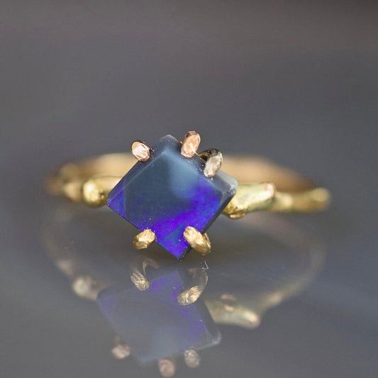 Australian Dark Purple Opal Small Stone Ring on a Yellow Gold Band