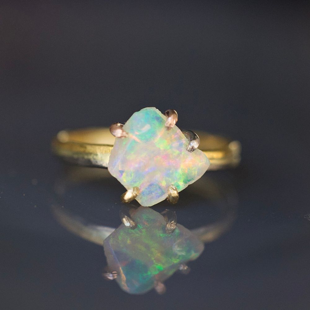 Australian Exceptional Opal Small Stone Ring on our 2MM Gold Skinny Seamed Band