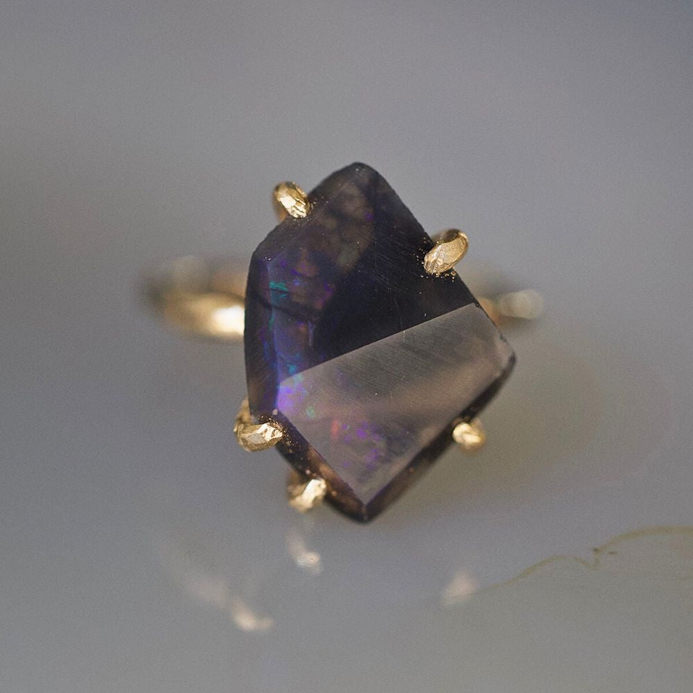 Australian Dark Opal Medium Stone Ring on a Palladium and Gold Band
