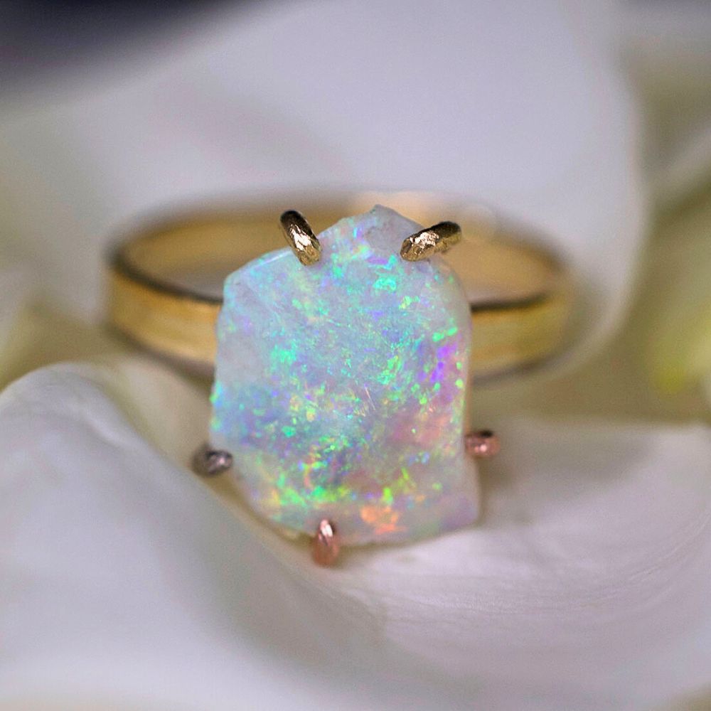 Australian Exceptional Opal Medium Stone Ring on our 3MM Gold Skinny Seamed Band