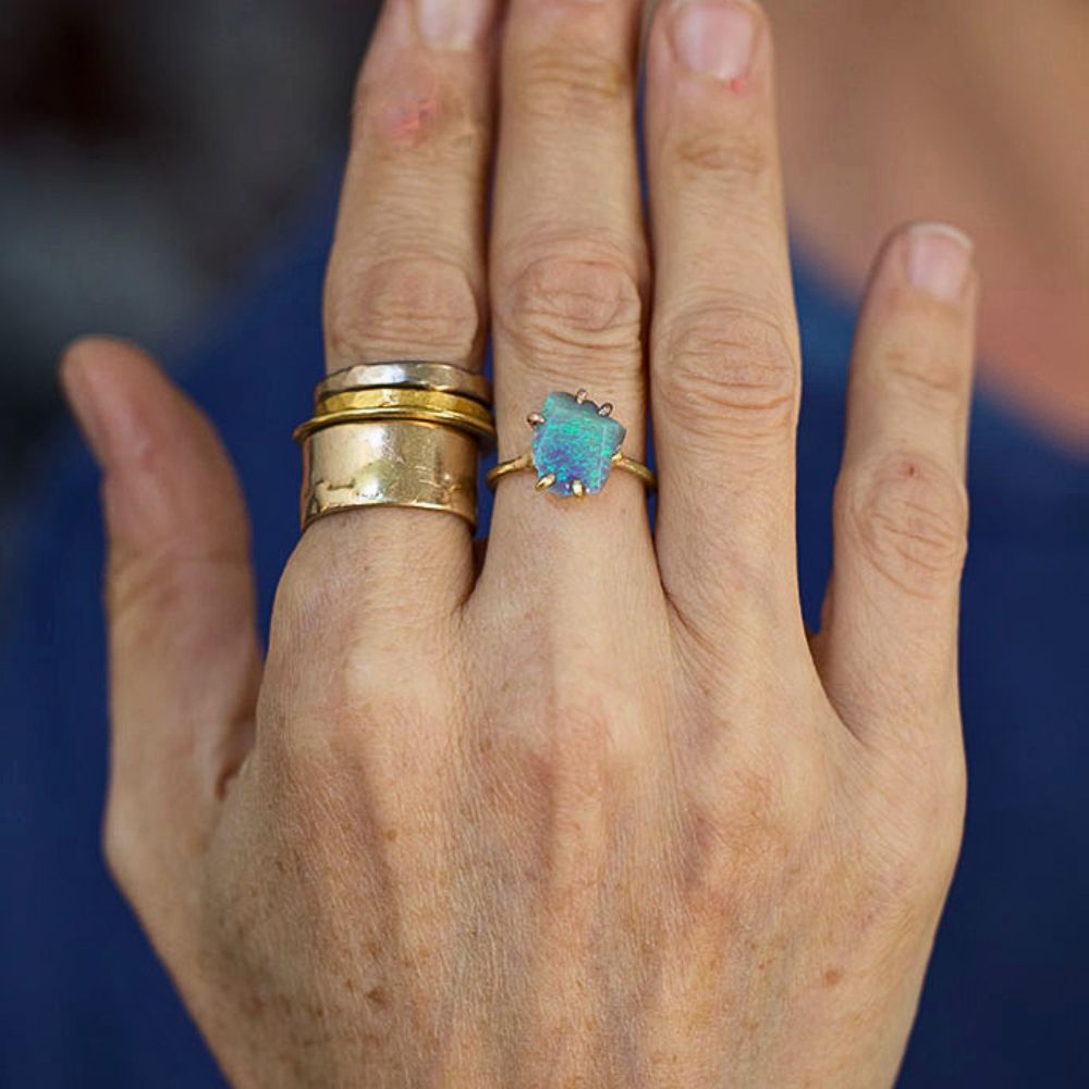 Australian Exceptional Opal Medium Stone Ring on a Yellow Gold Embedded Band
