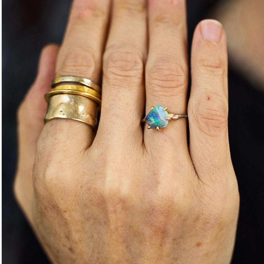 Australian Exceptional Opal Medium Stone Ring on a Palladium and Gold Embedded Band