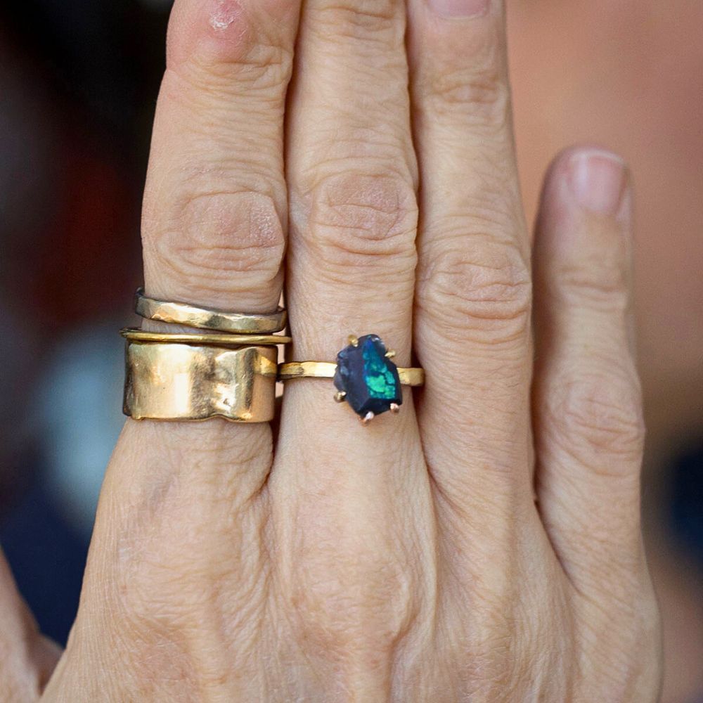 Australian Opal Medium Stone Ring on our 2MM Gold Skinny Seamed Band