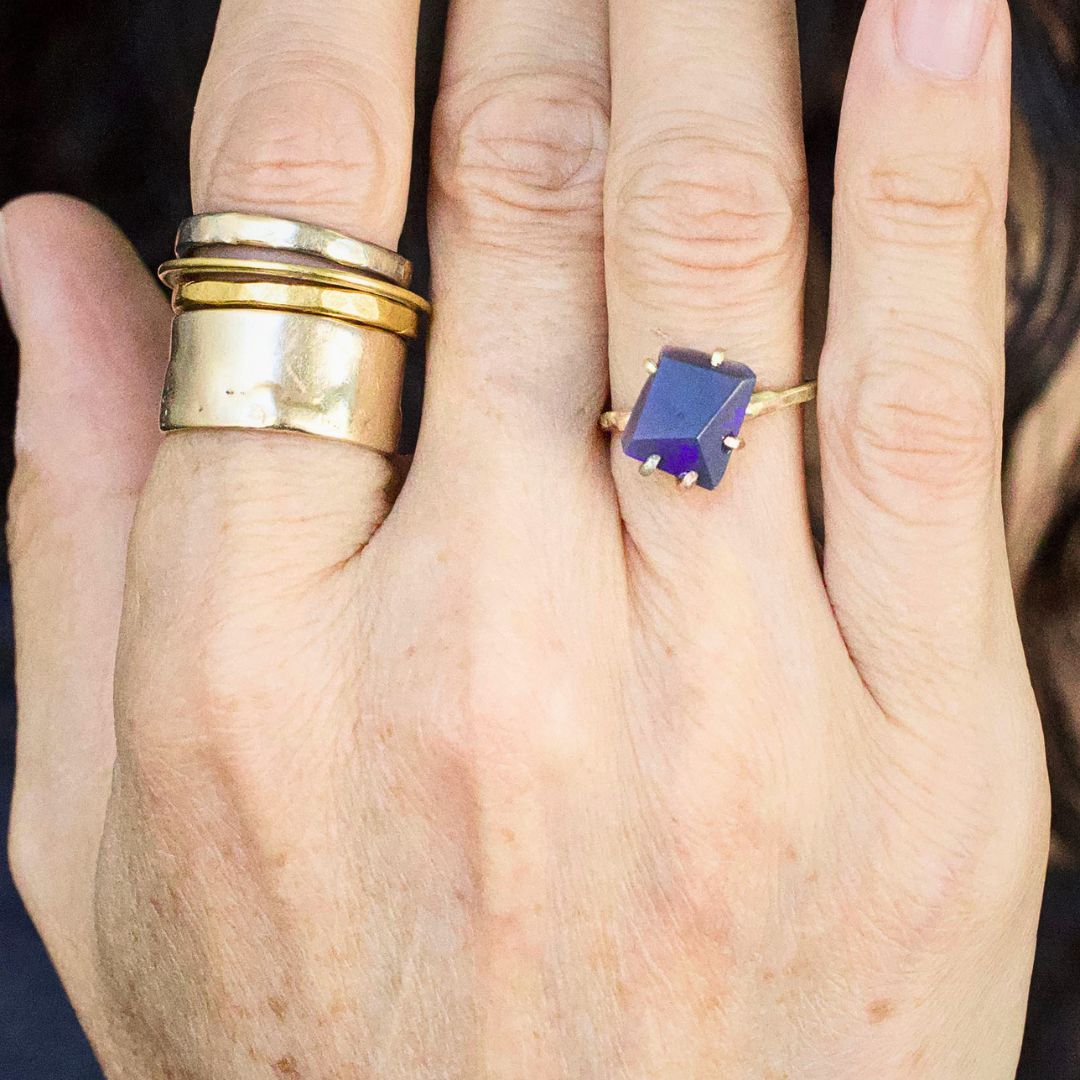 Australian Dark Opal Small Stone Ring on a Yellow Gold Embedded Band