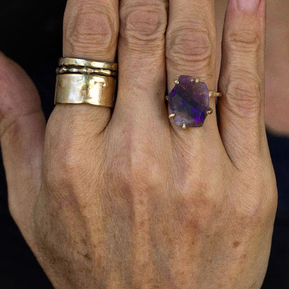 Australian Purple Opal Medium Stone Ring on a Yellow Gold Embedded Band