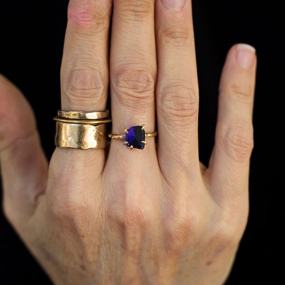 Australian Dark Opal Small Stone Ring on a Yellow Gold Band