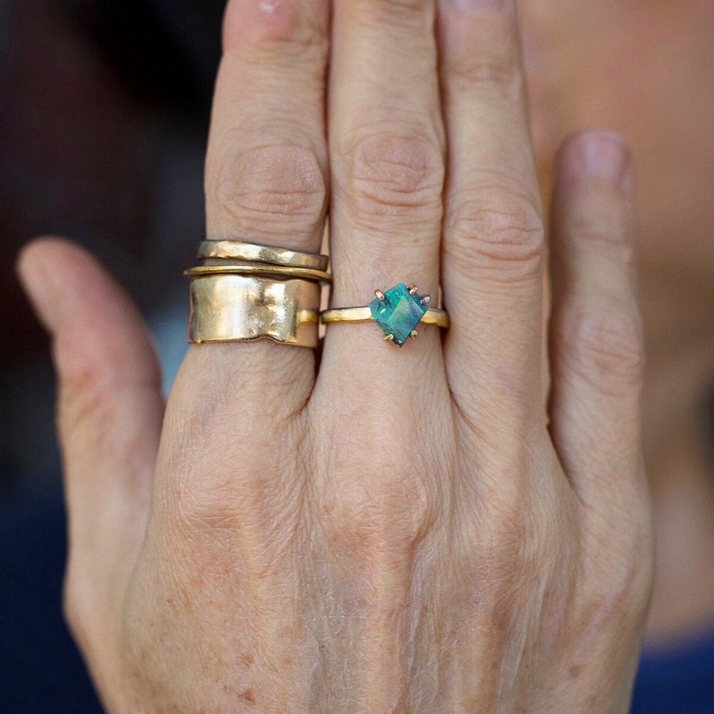 Australian Exceptional Opal Small Stone Ring on our 2MM Gold Skinny Seamed Band