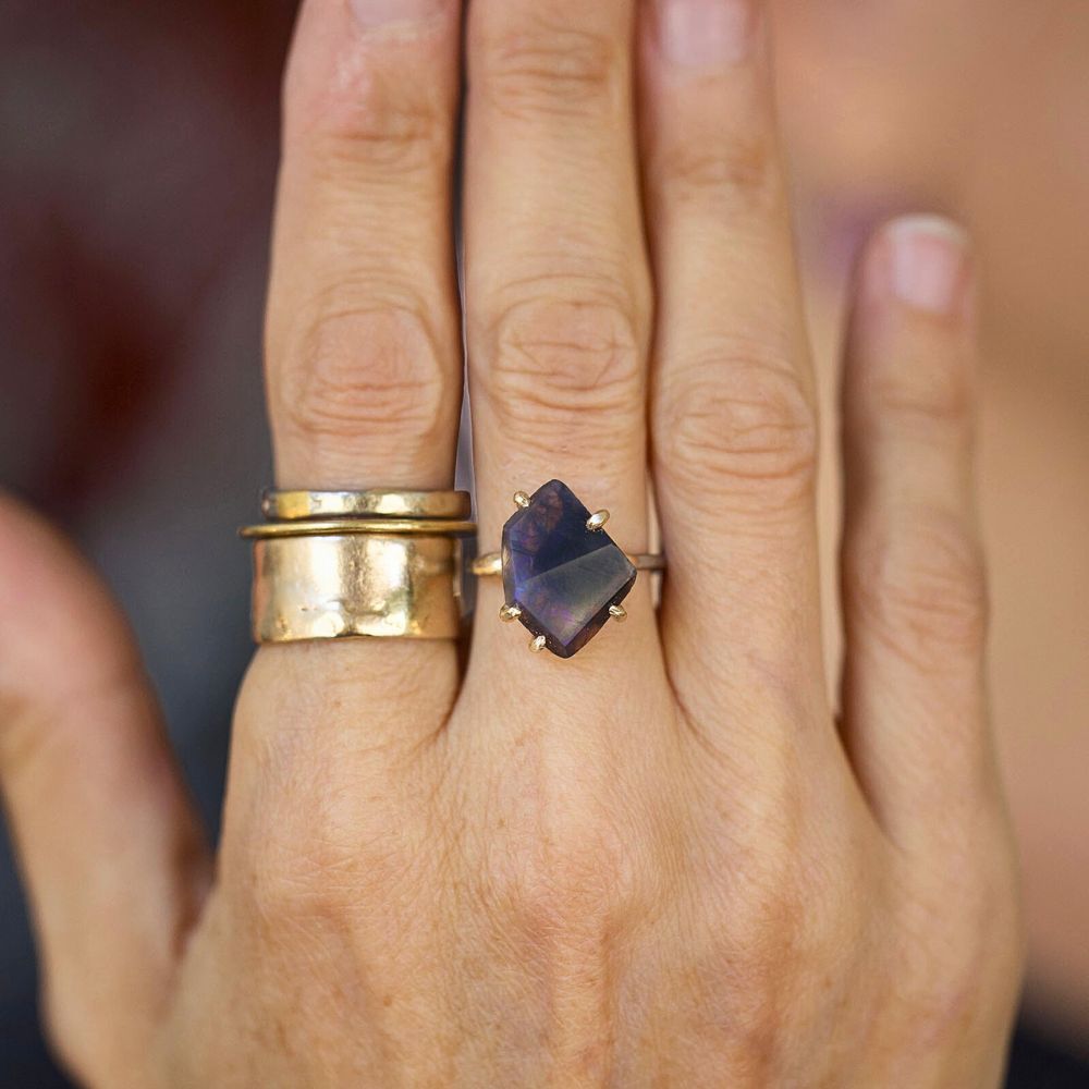 Australian Dark Opal Medium Stone Ring on a Palladium and Gold Band