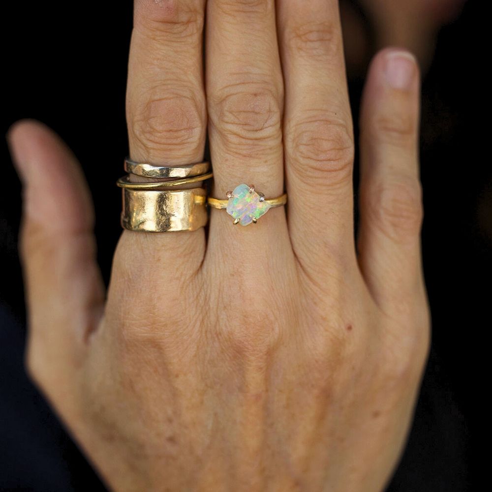 Australian Exceptional Opal Small Stone Ring on our 2MM Gold Skinny Seamed Band