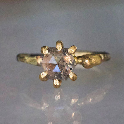 Peach Salt and Pepper Hexagonal  1.47 ct Rose Cut Diamond Ring