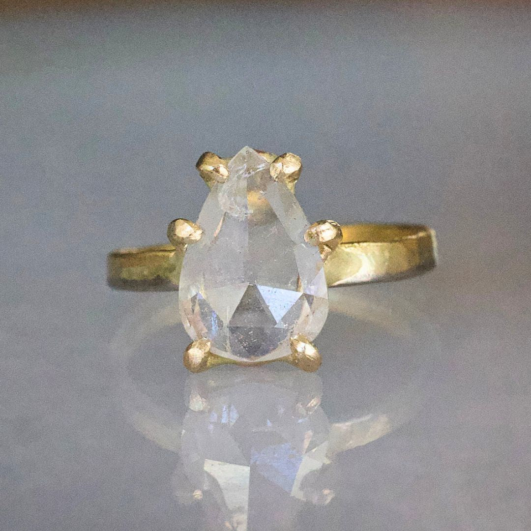 White 1.99 ct Pear Shaped Rose Cut Diamond on our Gold Skinny Seamed Band