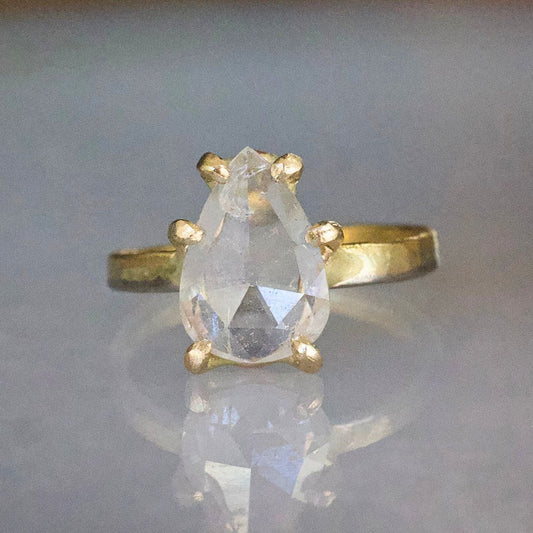White 1.99 ct Pear Shaped Rose Cut Diamond on our Gold Skinny Seamed Band