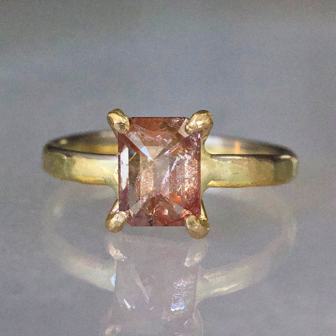 Red 1.58 ct Emerald Cut Diamond on our Gold Skinny Seamed Band