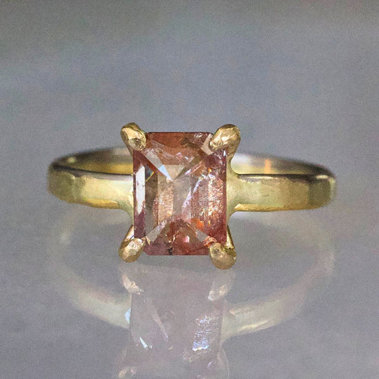 Red 1.58 ct Emerald Cut Diamond on our Gold Skinny Seamed Band