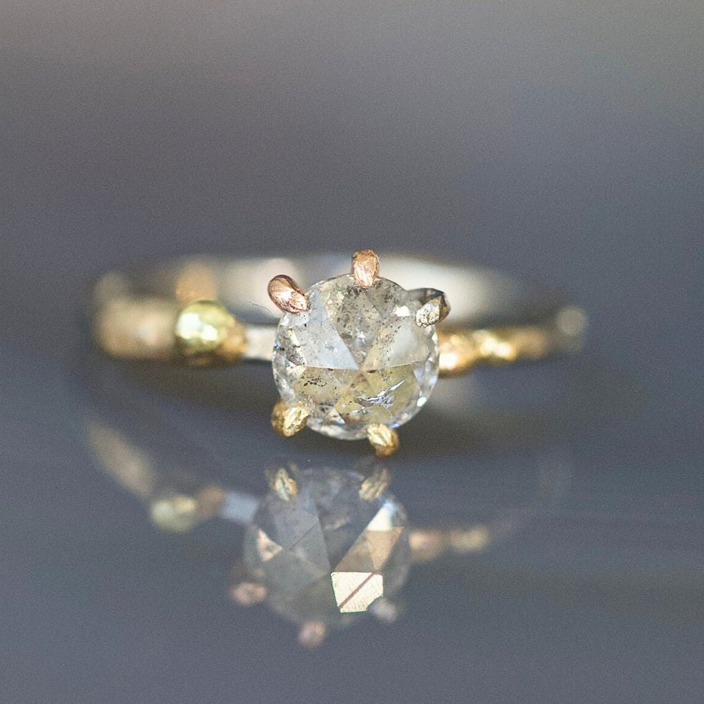 Salt and Pepper 0.99CT Round Rose Cut Diamond Ring on a Palladium and Gold Band