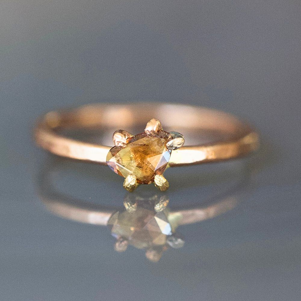 Red Amorphous .22CT Rose Cut Diamond Ring on a Rose Gold Band