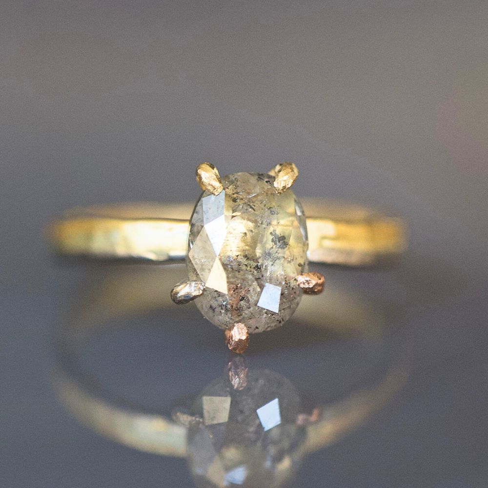 Salt and Pepper 1.01CT Oval  Rose Cut Diamond Ring on a 2MM Gold Skinny Seamed Band