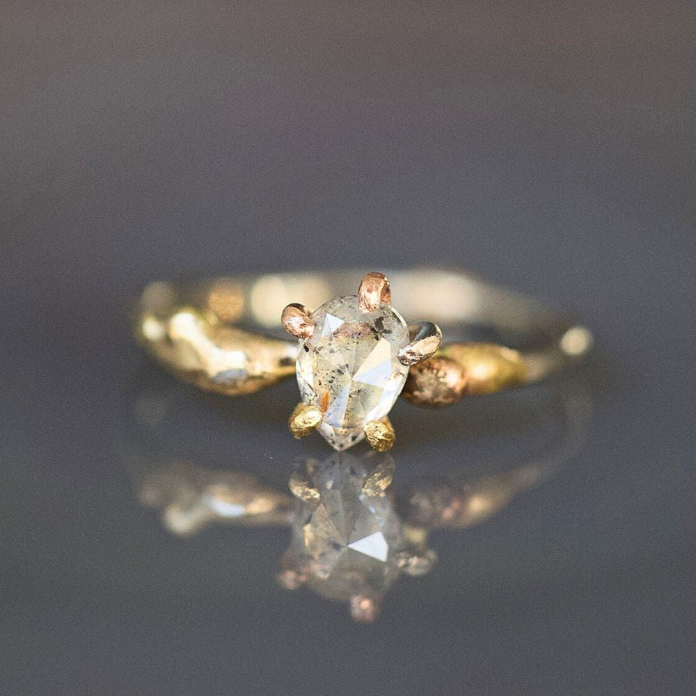 Salt and Pepper 0.62CT Pear Shaped Rose Cut Diamond Ring on a Palladium and Gold Band