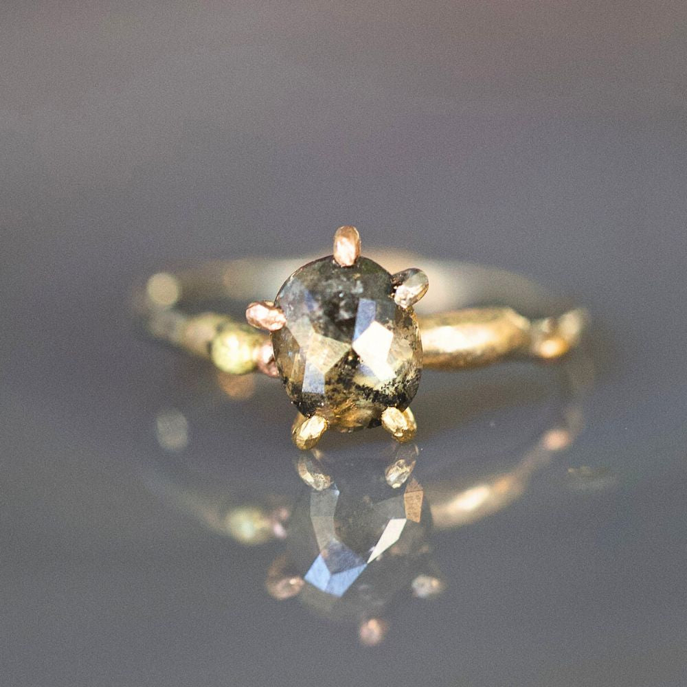 Dark Salt and Pepper 1.11CT Oval Rose Cut  Diamond Ring on a Palladium and Gold Band